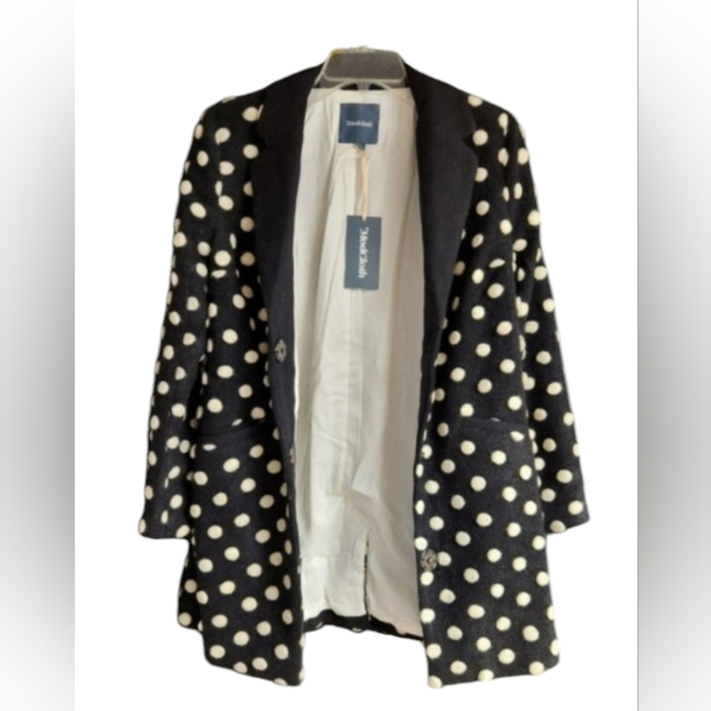 🆕 Women's MODCLOTH Vintage Black And Ivory 3D Polka Dot Print Wool Blend Coat